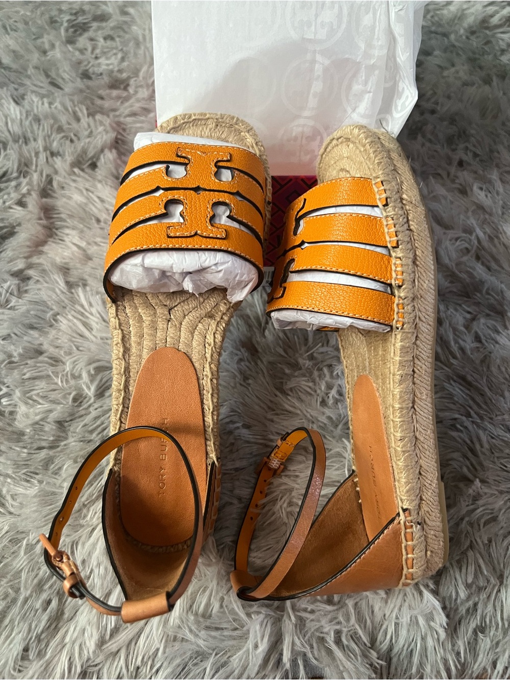 Tory Burch Orange Espadrille Slide Sandals with Slight Platform Size: 7.5 NIB